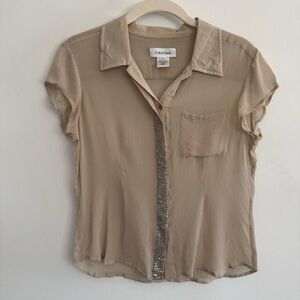 Calvin Klein Women's Tan Sheer Short- Sleeve Embellished Blouse Size 2